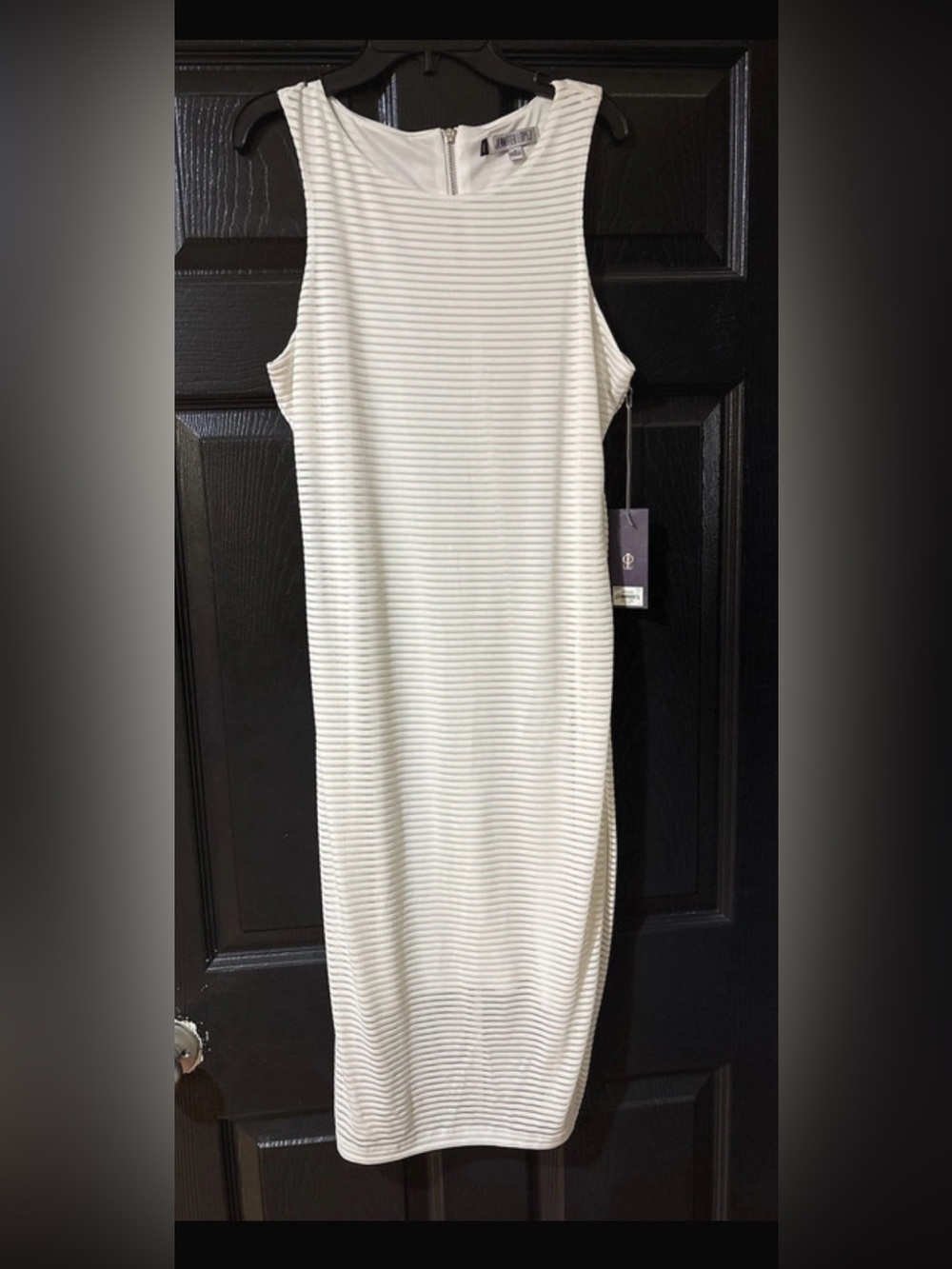 Jennifer Lopez Cream-White Striped Sleeveless Midi Dress